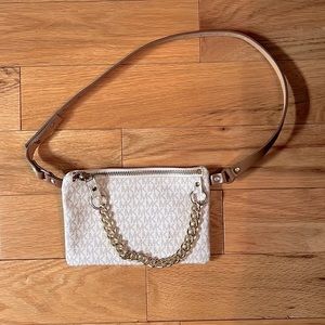 MK Michael Kors belt bag, LIKE NEW, white & tan with gold chain zip, brown strap
